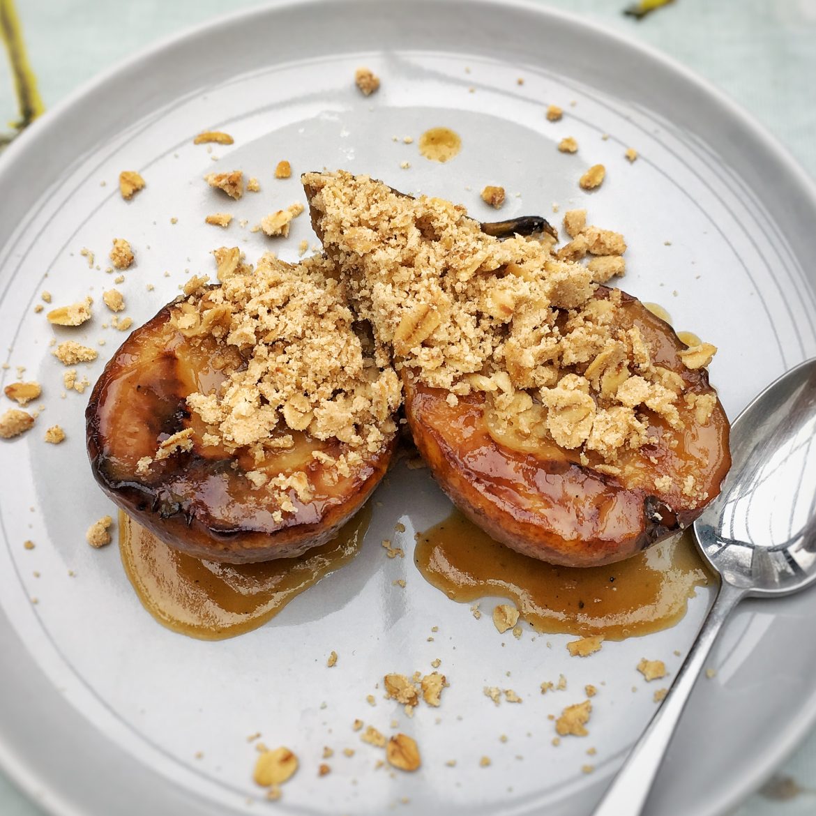 Miso caramel pears with crumble topping