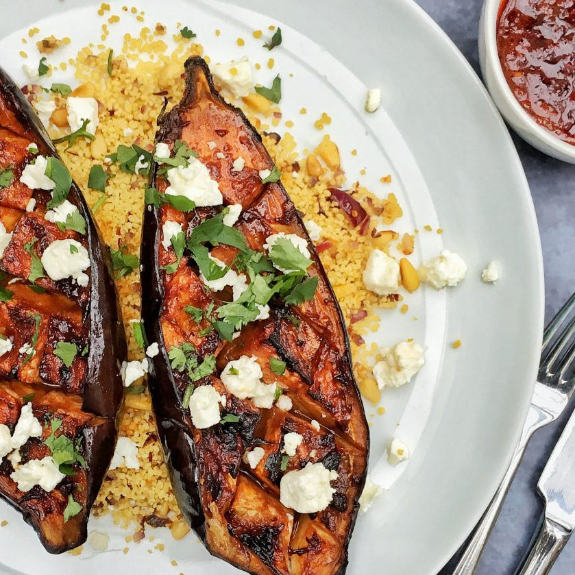 Roasted aubergines with harissa and pomegranate molasses