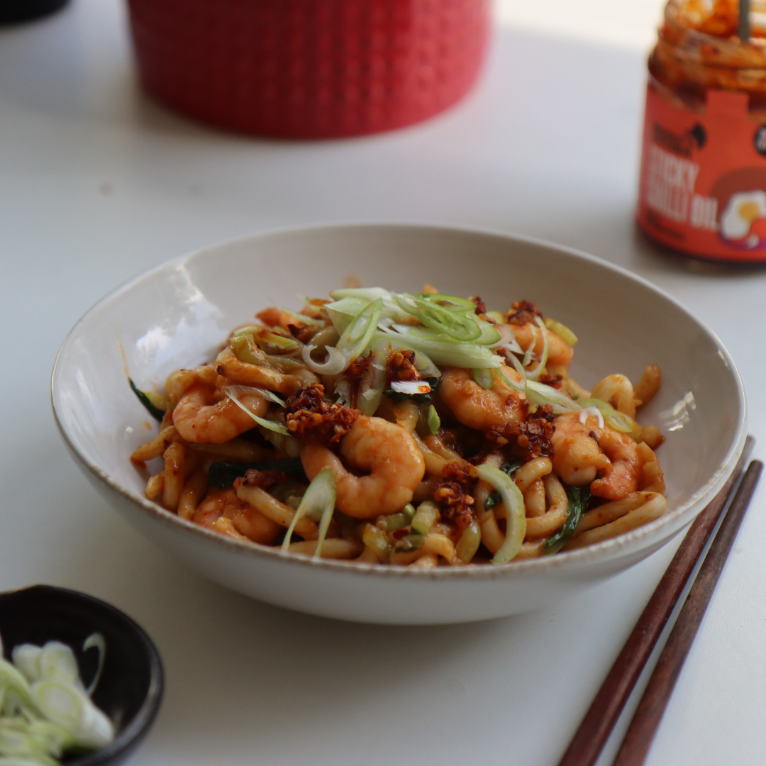 Sticky Chilli Oil Prawn Udon Noodles