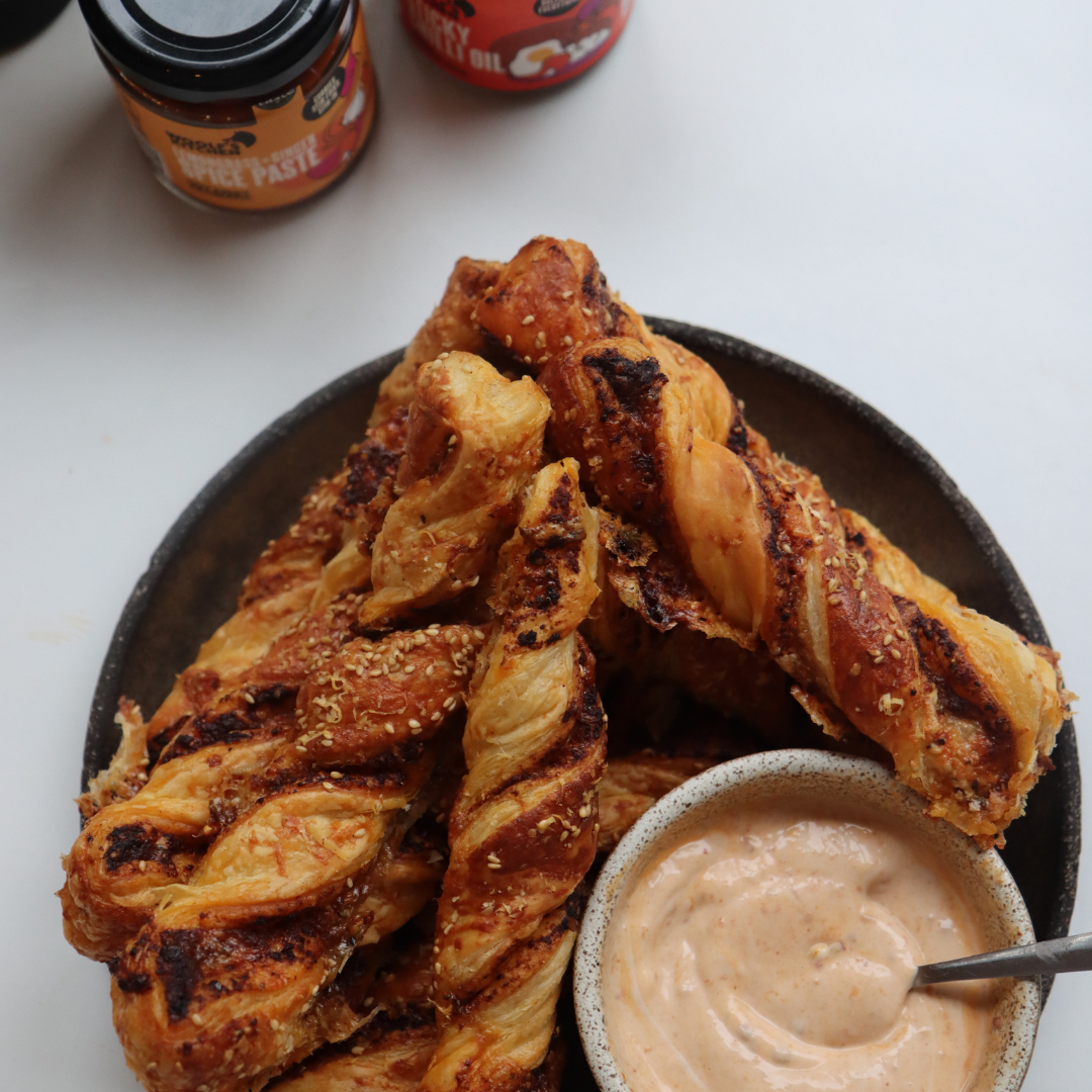 Stilton & Sticky Chilli Oil Pastry Straws with Lemongrass Mayo Dip