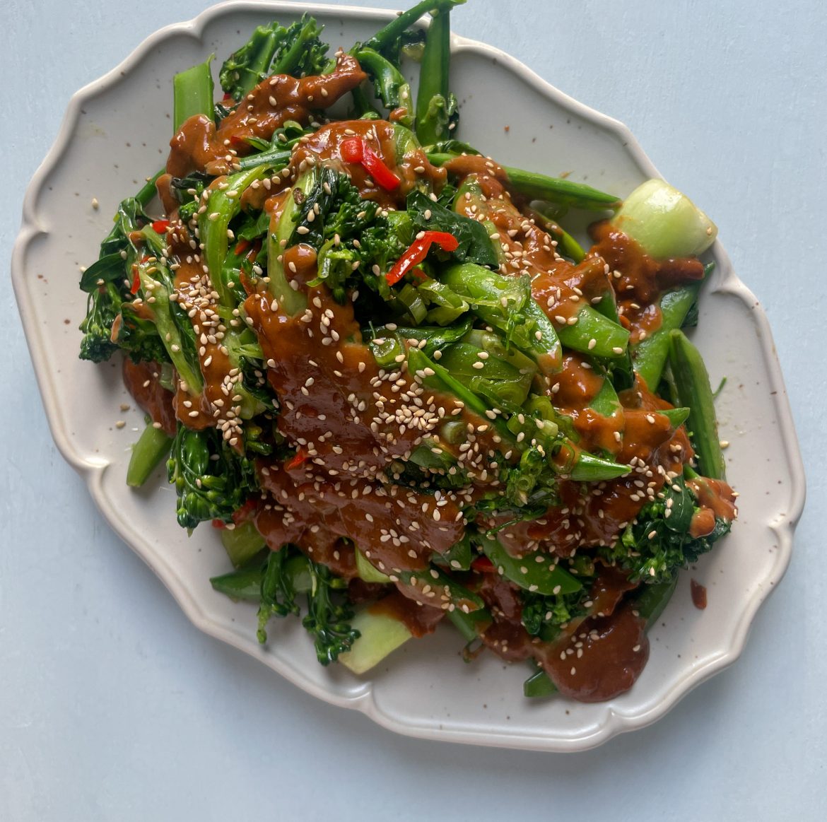 Stir-fried vegetable salad with peanut & Nam Prik Pow! dressing 