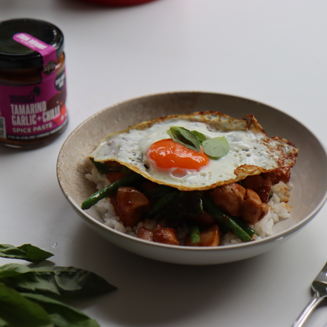 Tamarind Chilli Chicken with Basil & Crispy Fried Egg