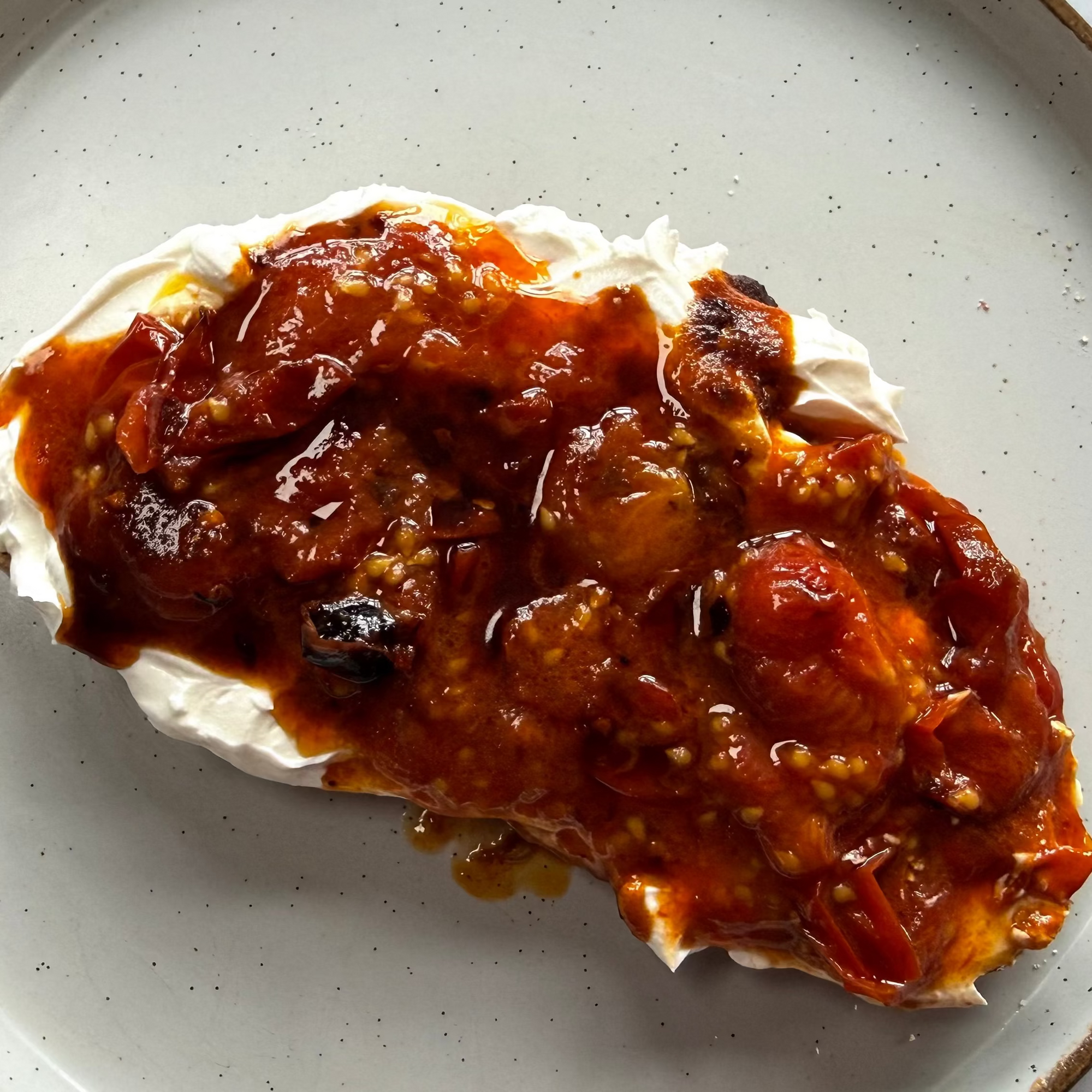 Chilli Oil Tomatoes on Labneh Toast