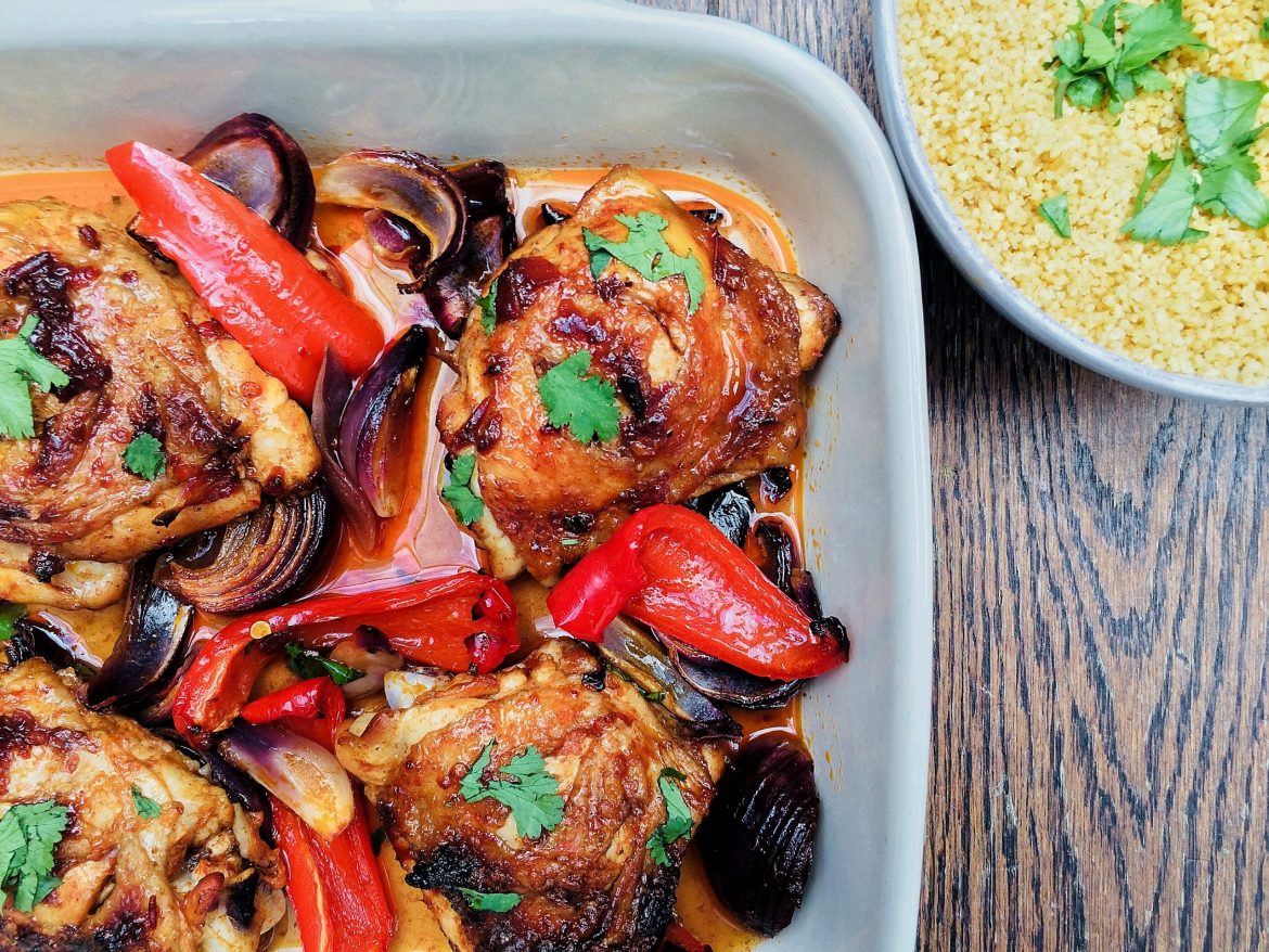 Harissa and pomegranate molasses traybake chicken